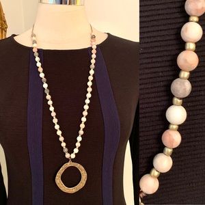 Pink Zebra Jasper Necklace Hammered Gold Pendant Modernist Semiprecious Stones